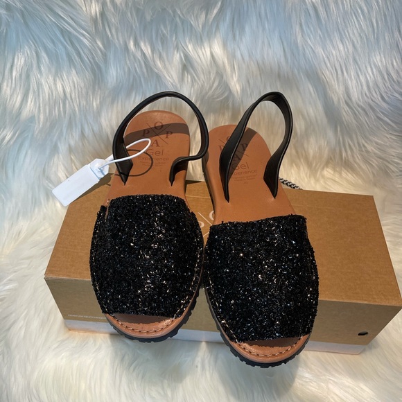 Menorquinas glitter peep toe leather black sandal - Picture 2 of 6